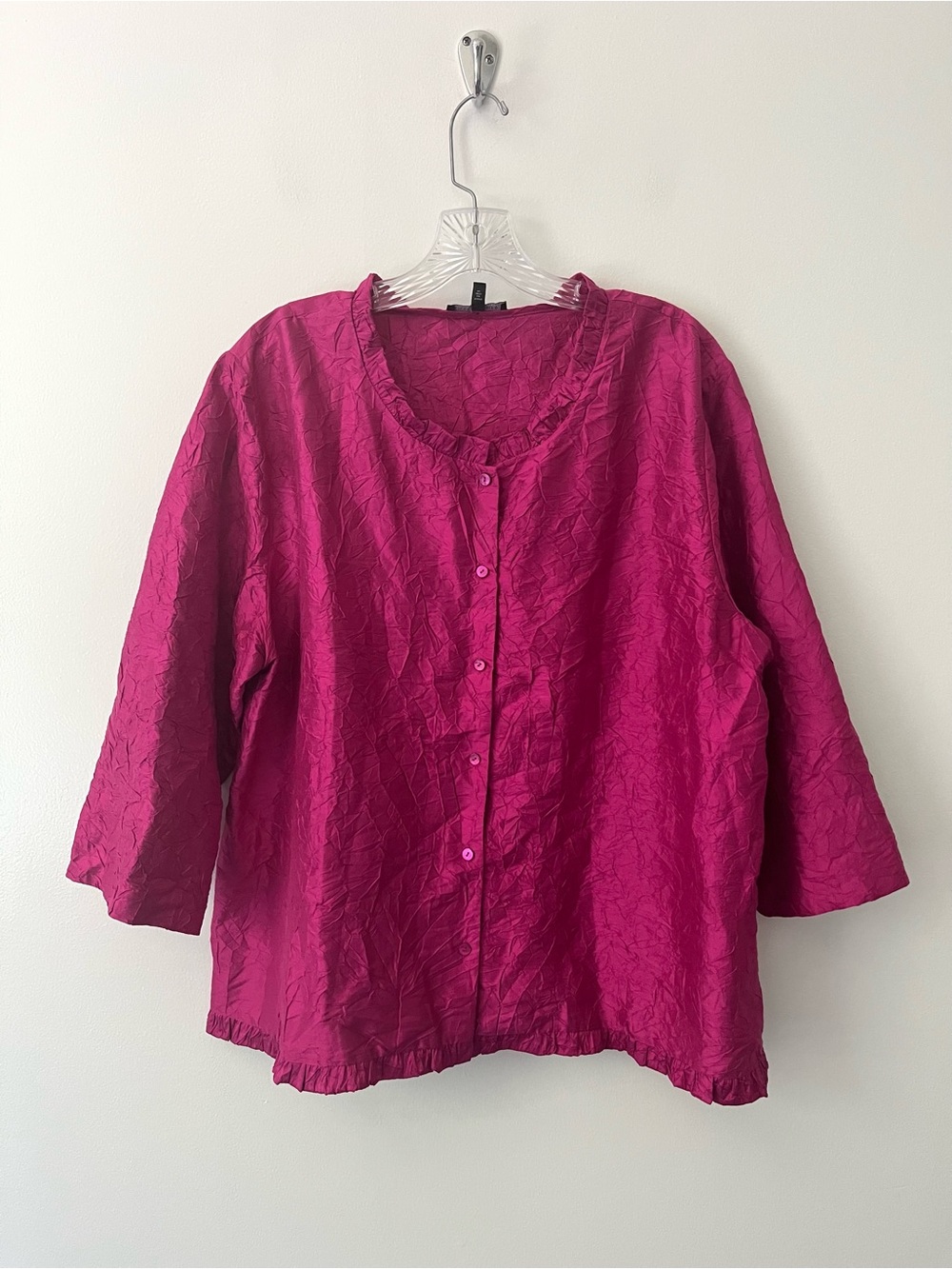 Eileen Fisher 100% Silk Crinkle Pink Button Up Top Jacket XL Lagenlook
